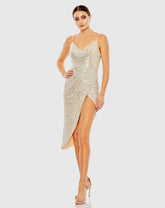 Silver Sequined Cowl Neck Faux Wrap Dress